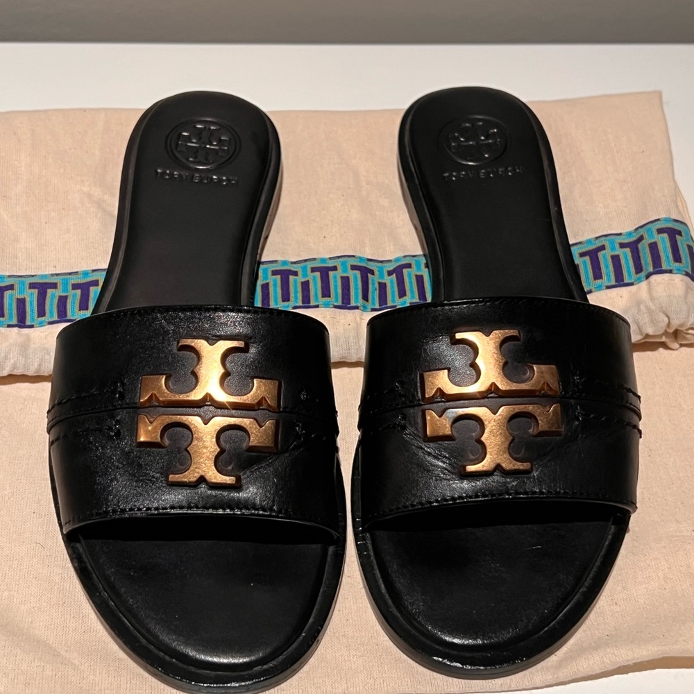 Tory Burch Black Slides with Gold Emblem